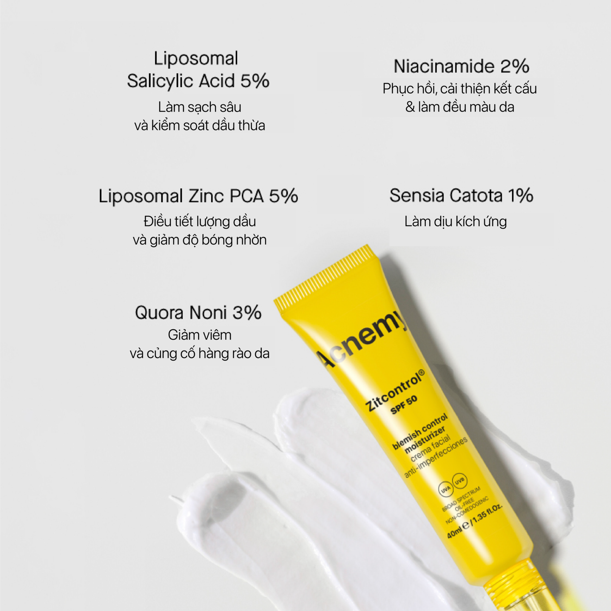 Acnemy Zitcontrol SPF50 Kem Dưỡng Bảo Vệ Da Khỏi Tia UV Dành Cho Da Mụn 40ml