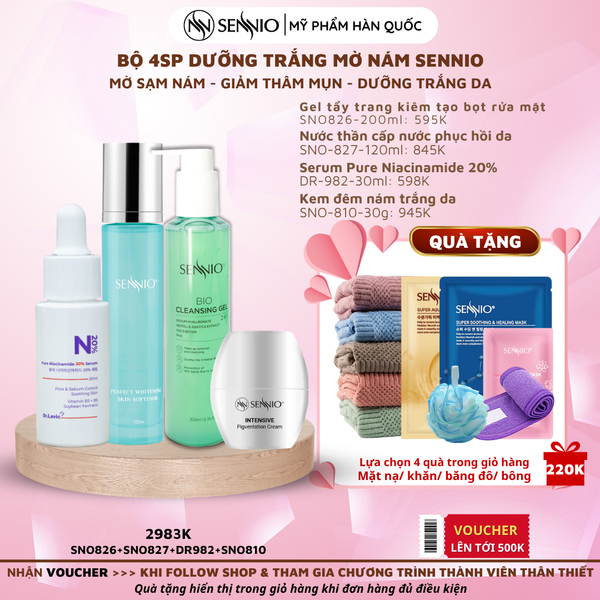  Bộ 4 sản phẩm nám trắng da sennio mờ sạm nám - giảm thâm mụn, dưỡng trắng da ban đêm - Intensive Pigmenttation Treatment Set 4 