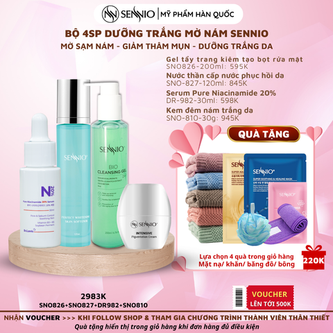  Bộ 4 sản phẩm nám trắng da sennio mờ sạm nám - giảm thâm mụn, dưỡng trắng da ban đêm - Intensive Pigmenttation Treatment Set 4 