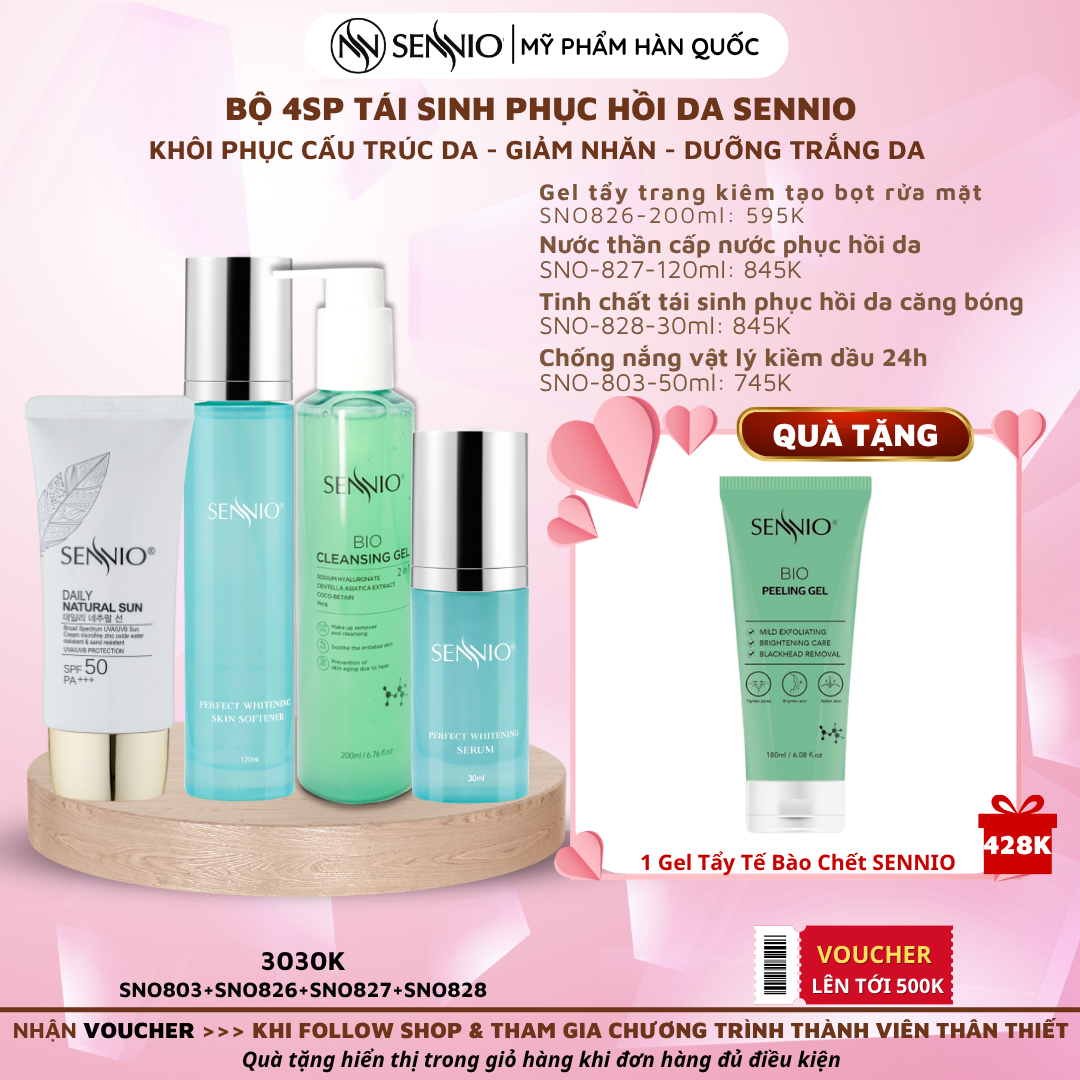  Bộ 4 sản phẩm tái sinh phục hồi da căng bóng sennio khôi phục cấu trúc da - giảm nhăn - tăng sinh collagen ban ngày Sennio 
