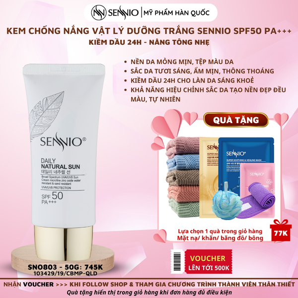  Kem Chống Nắng Dưỡng Da, Kiềm Dầu Chống Lão Hoá Bảo Vệ Da Toàn Diện Mỏng Nhẹ Không Bết Dính - Sennio daily natural cream SPF50 PA+++ SENNIO SNO 803 