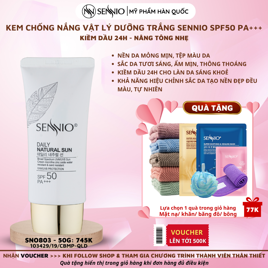  Kem Chống Nắng Dưỡng Da, Kiềm Dầu Chống Lão Hoá Bảo Vệ Da Toàn Diện Mỏng Nhẹ Không Bết Dính - Sennio daily natural cream SPF50 PA+++ SENNIO SNO 803 