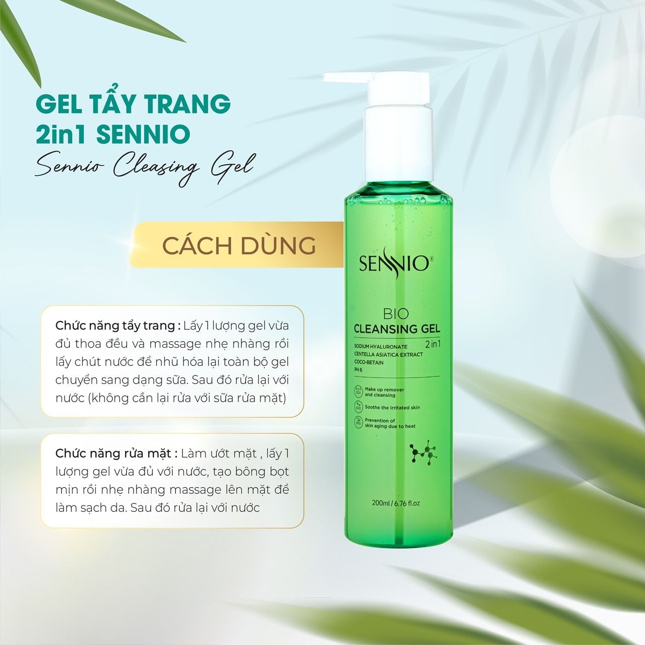  Gel rửa mặt 2in1 kiêm tẩy trang SENNIO Làm Sạch Sâu Loại Bỏ Cặn Trang Điểm và Sợi Bã Nhờn Sennio Bio Gel Cleanser SNO 826 