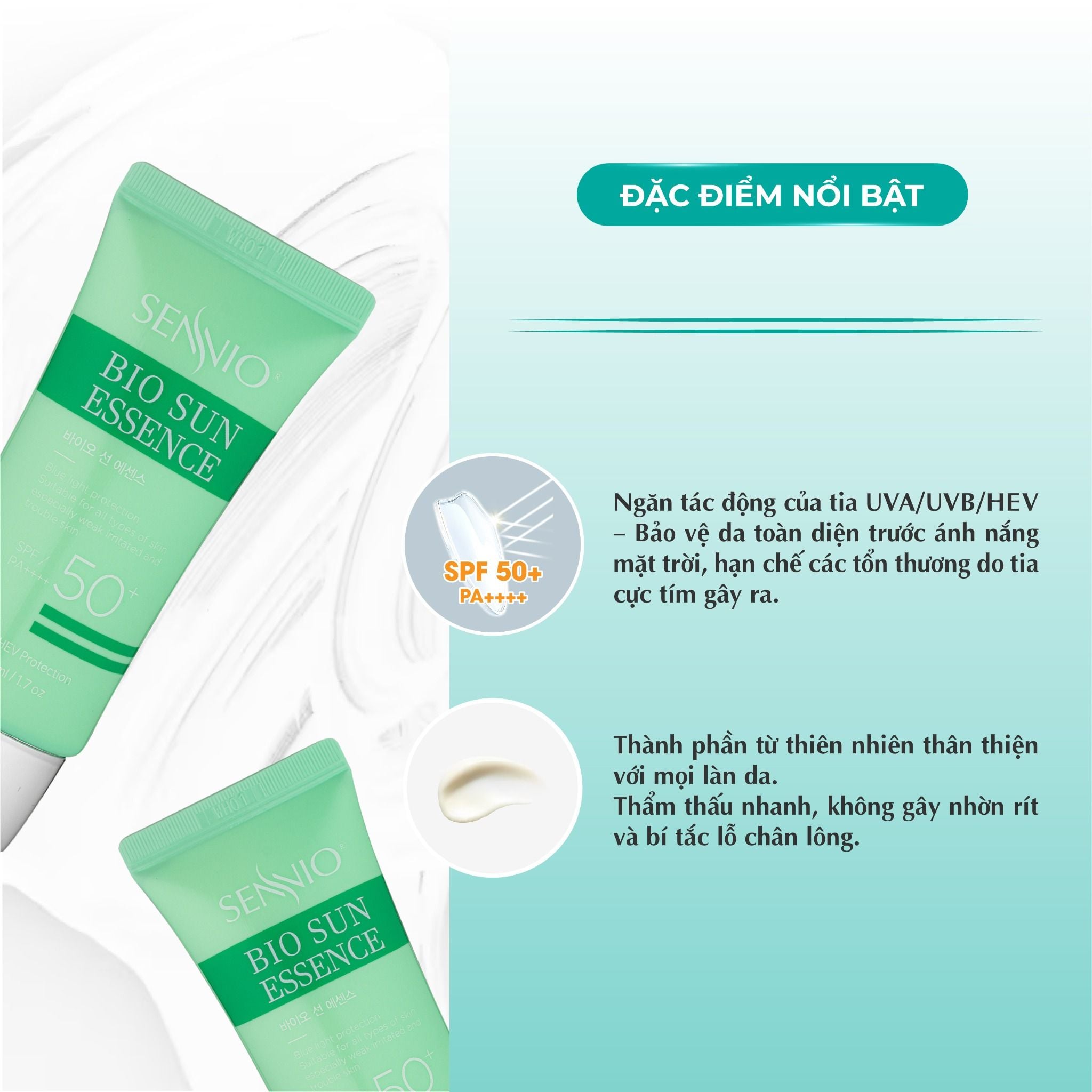  Tinh chất chống nắng, chống ánh sáng xanh, kiềm dầu 24h Sennio Bio Sun Essence 50ml kem chống nắng bảo vệ da ngừa thâm  SNO 825 