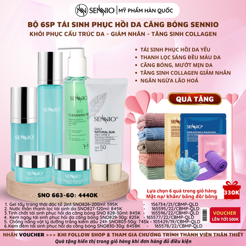  Bộ 6 sản phẩm tái sinh phục hồi da căng bóng sennio khôi phục cấu trúc da - giảm nhăn - tăng sinh collagen Sennio - SNO 663-60 
