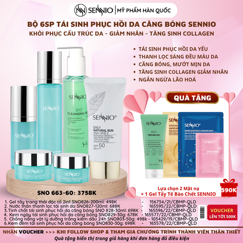  Bộ 6 sản phẩm tái sinh phục hồi da căng bóng sennio khôi phục cấu trúc da - giảm nhăn - tăng sinh collagen Sennio - SNO 663-60 