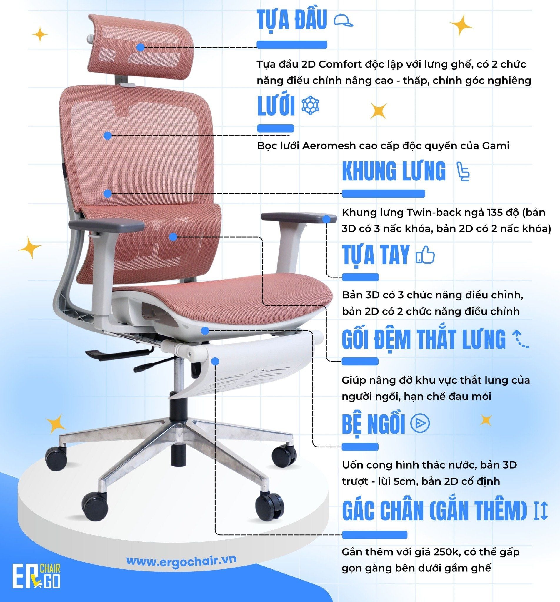  Ghế Công Thái Học Gami Lum2 bản 3D và 2D (có thể gắn thêm gác chân) 
