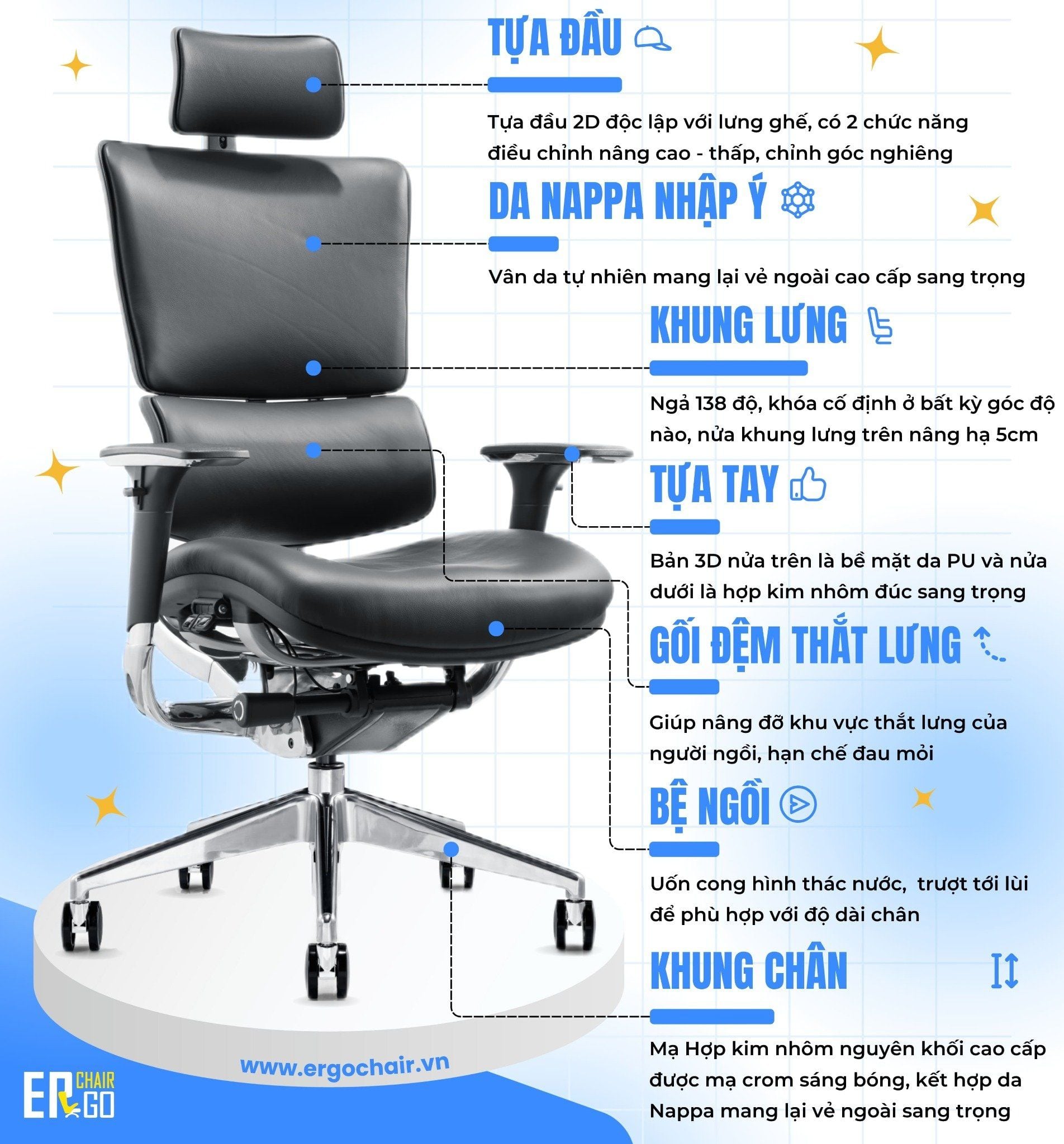  Ghế Công Thái Học BChair B-801D phiên bản bọc da bò Nappa cao cấp 