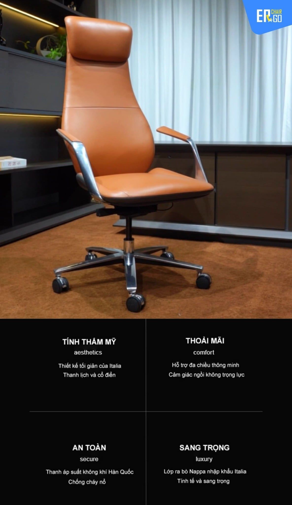  Ghế Công Thái Học Giám đốc BChair BP-101J bọc da bò Nappa cao cấp 