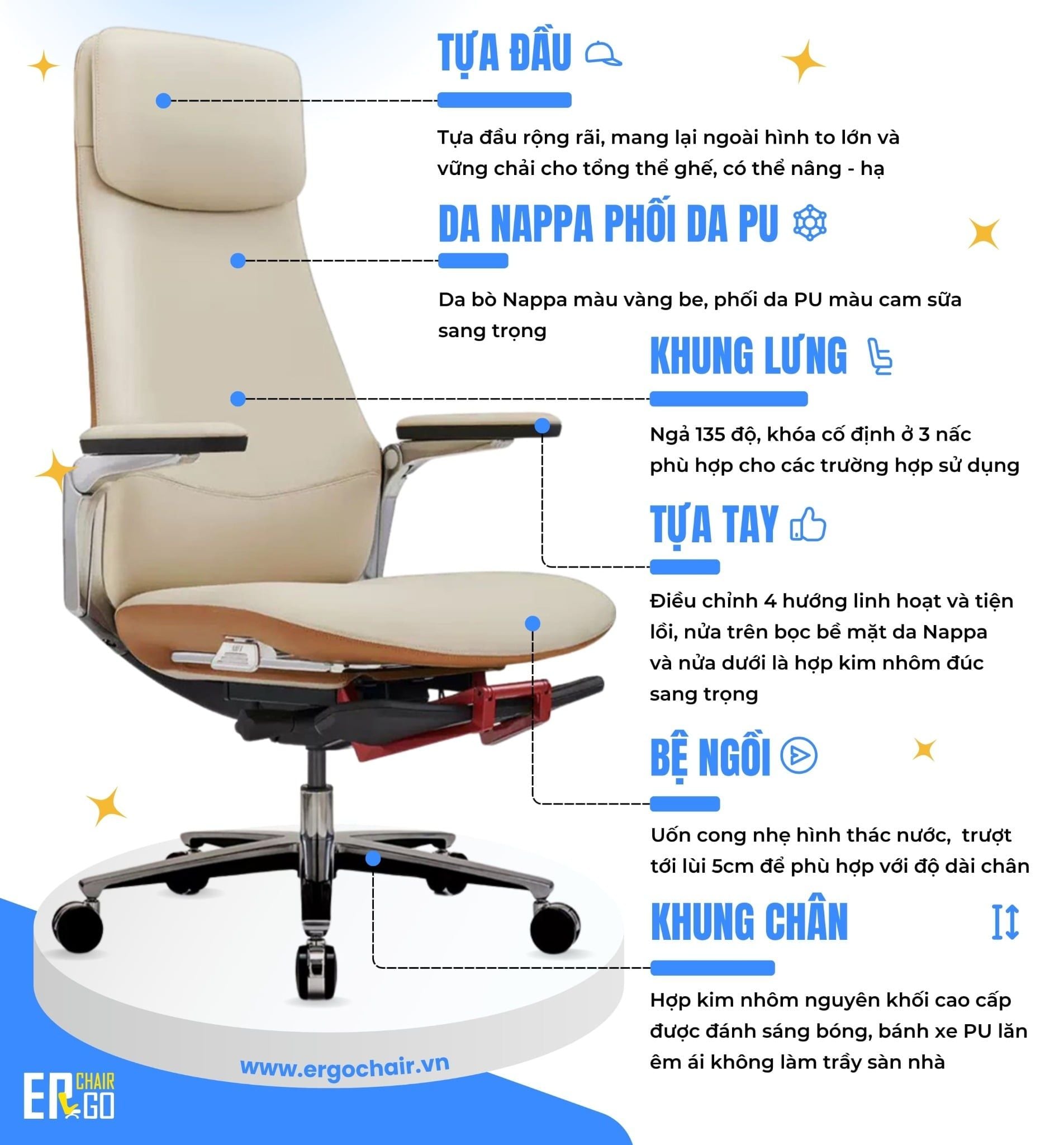  Ghế Công Thái Học Giám Đốc B-Chair BC-007F bọc da bò Nappa 