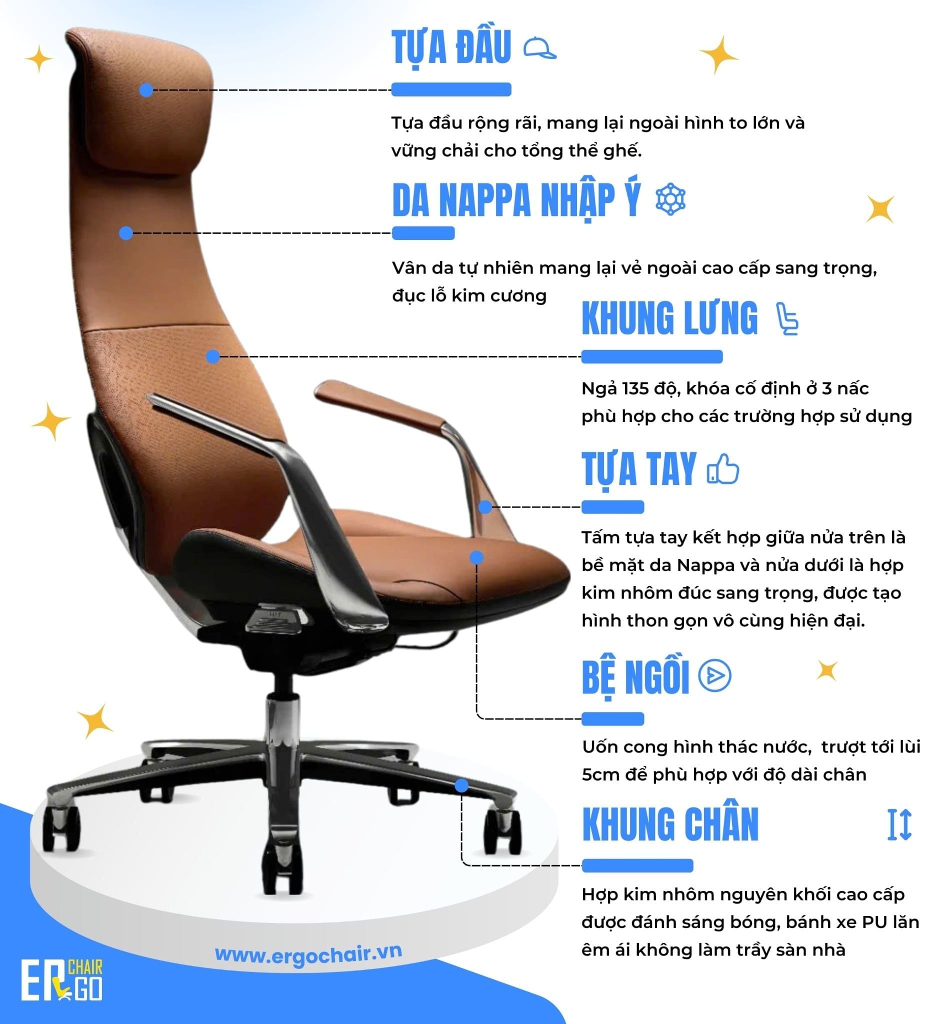  Ghế Công Thái Học Giám đốc BChair BP-101J bọc da bò Nappa cao cấp 