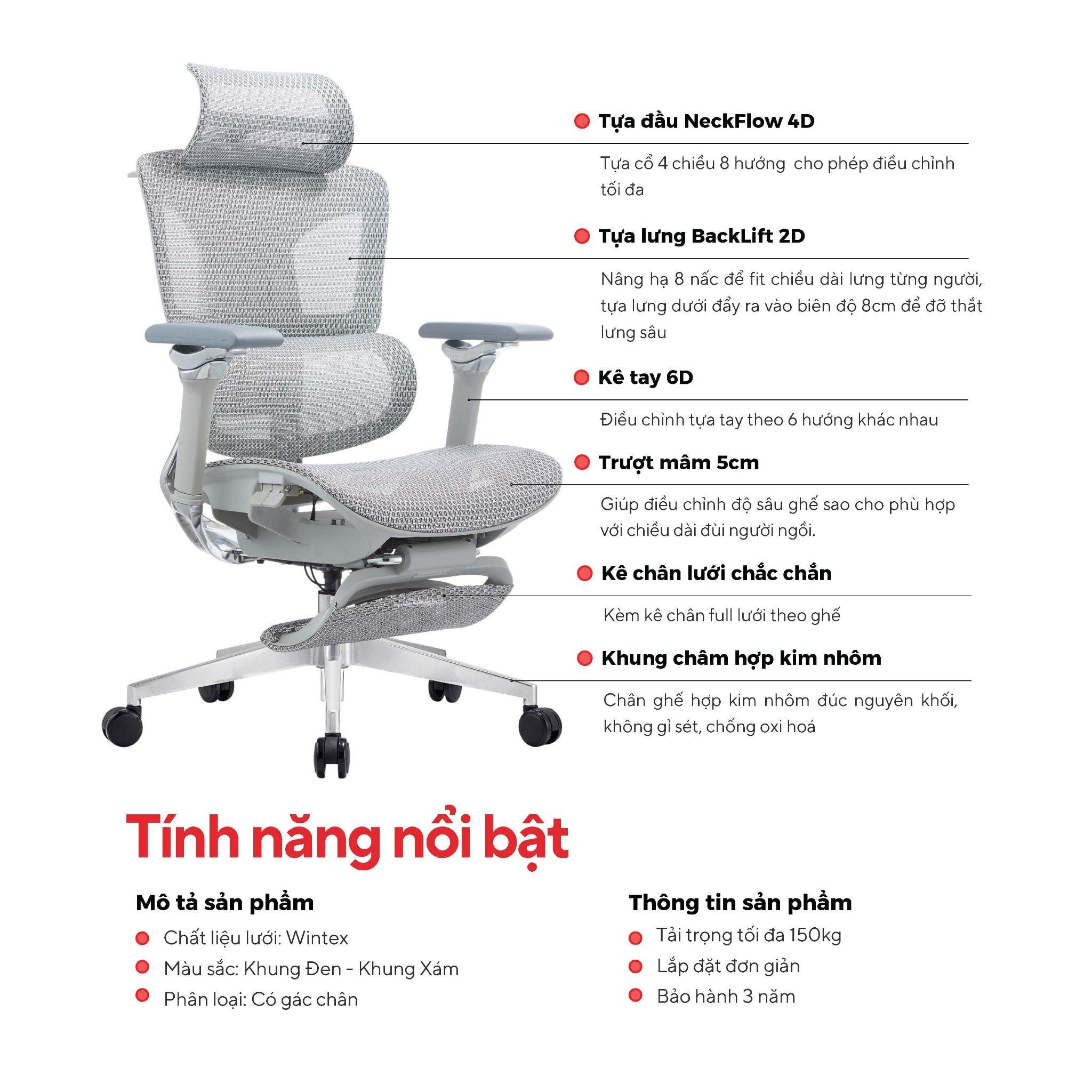  Ghế Công Thái Học Gami Hexa bản 4D và 6D (tùy chọn gắn gác chân) 