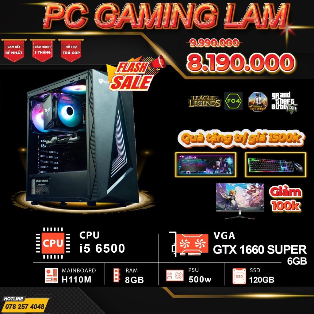 PC GAMING LAM I5 6500 / RAM 8GB / GTX 1660 SUPER / SSD 120GB 2ND