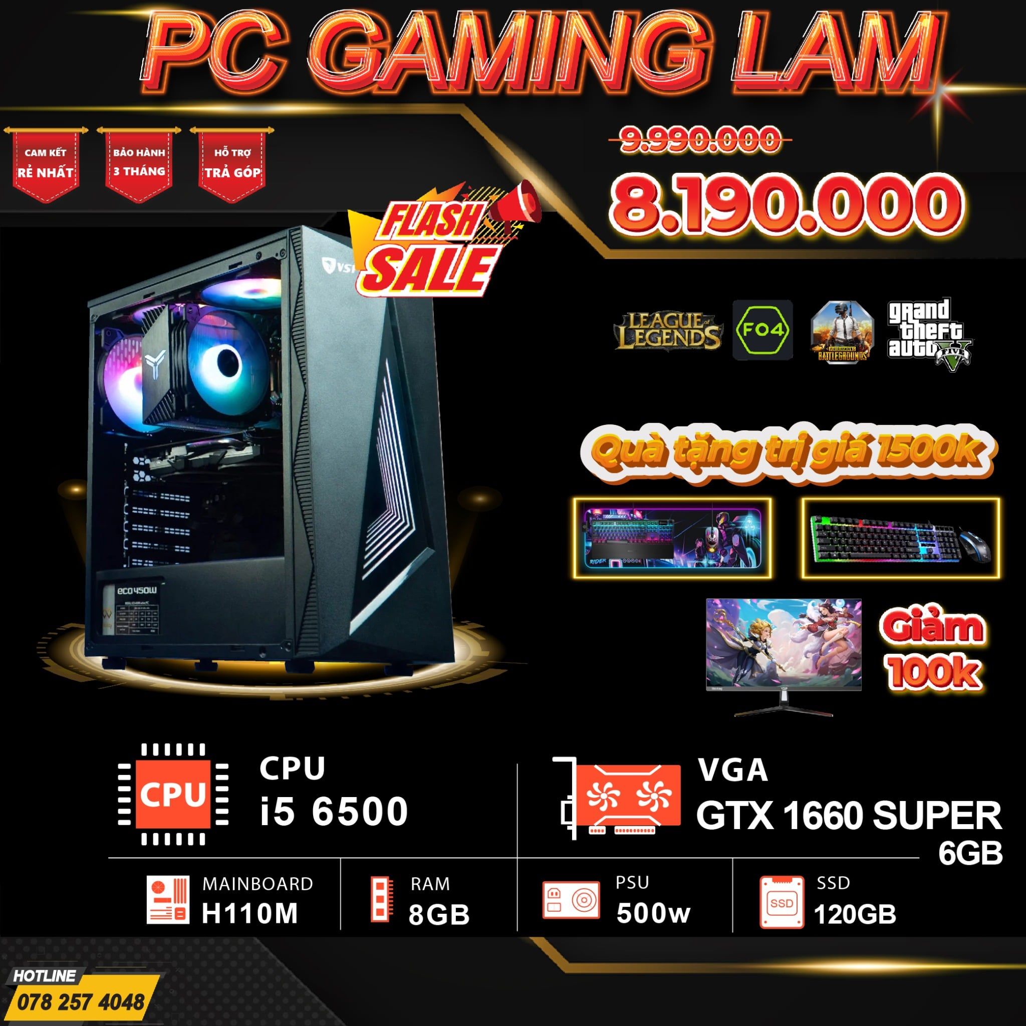  PC GAMING LAM I5 6500 / RAM 8GB / GTX 1660 SUPER / SSD 120GB 2ND 