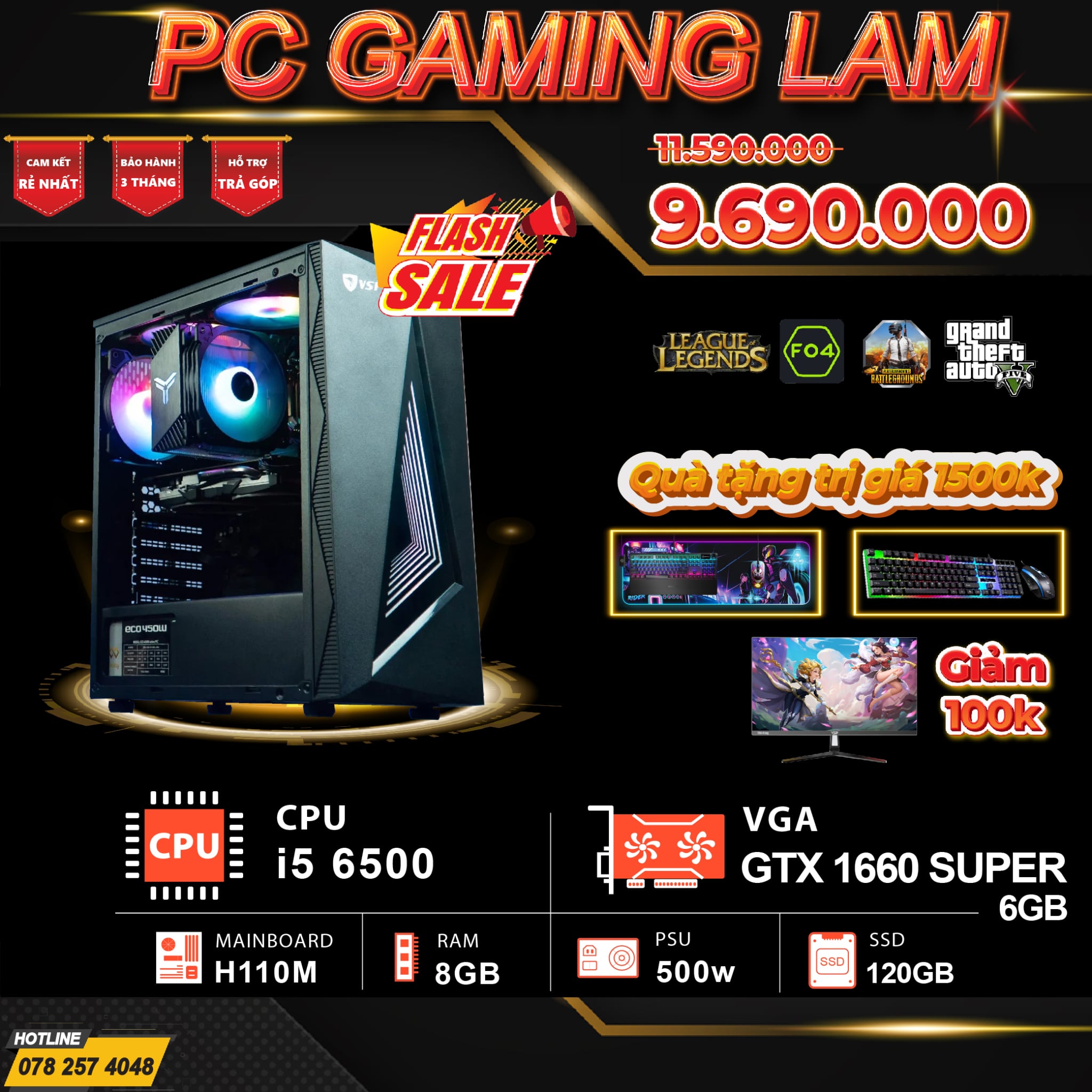 PC GAMING LAM I5 6500 / RAM 8GB / GTX 1660 SUPER / SSD 120GB 2ND