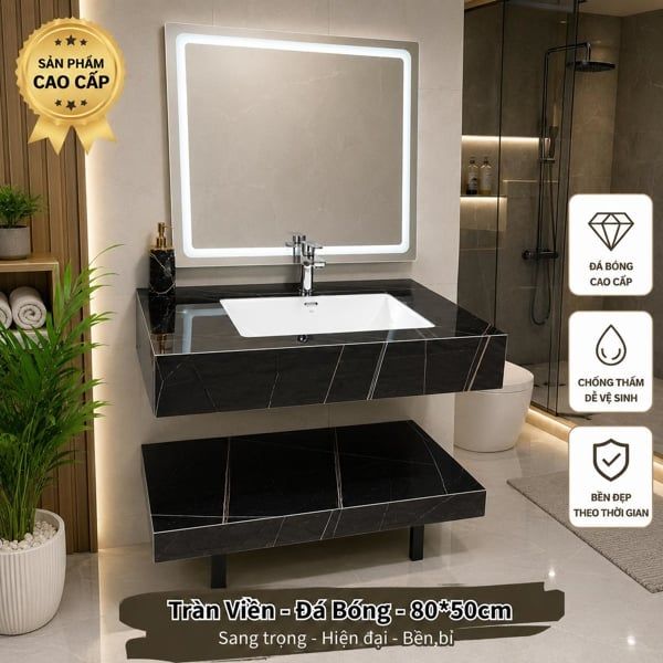  bàn đá yoshi 2 tầng 80*50cm đen bóng vân vàng,gương led (đã giảm) 