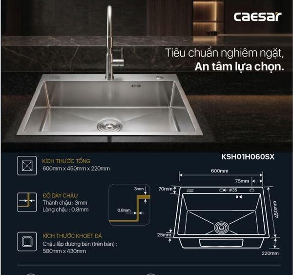  Chậu rửa chén inox 1 hộc KSH01H060SX KT: 600 × 450 × 220 mm (giá đã giảm) 