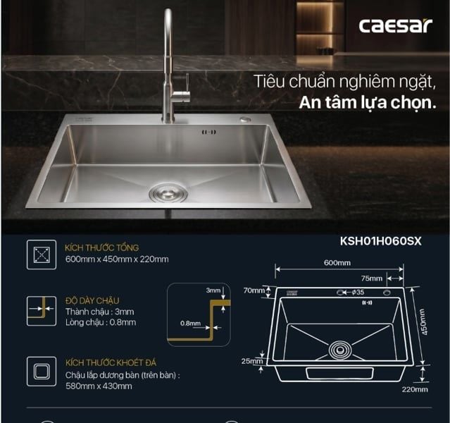 Chậu rửa chén inox 1 hộc KSH01H060SX KT: 600 × 450 × 220 mm (giá đã giảm) 