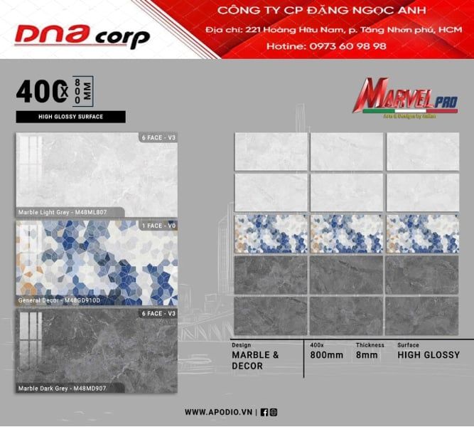  40*80 M48MG910D gạch ốp tường đá bóng kính viên Điểm Apodio (4v/th/1,28m) 