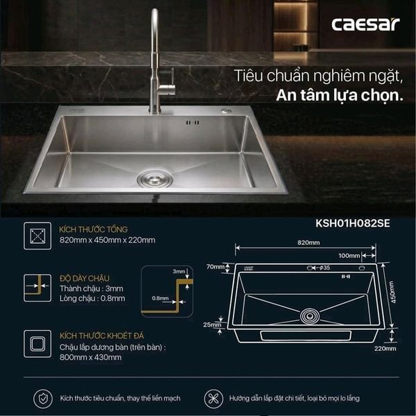  Chậu rửa chén inox 1 hộc mài vát cạnh KSH01H082SE KT: 820 × 450 × 220 mm ( giá đã giảm) 