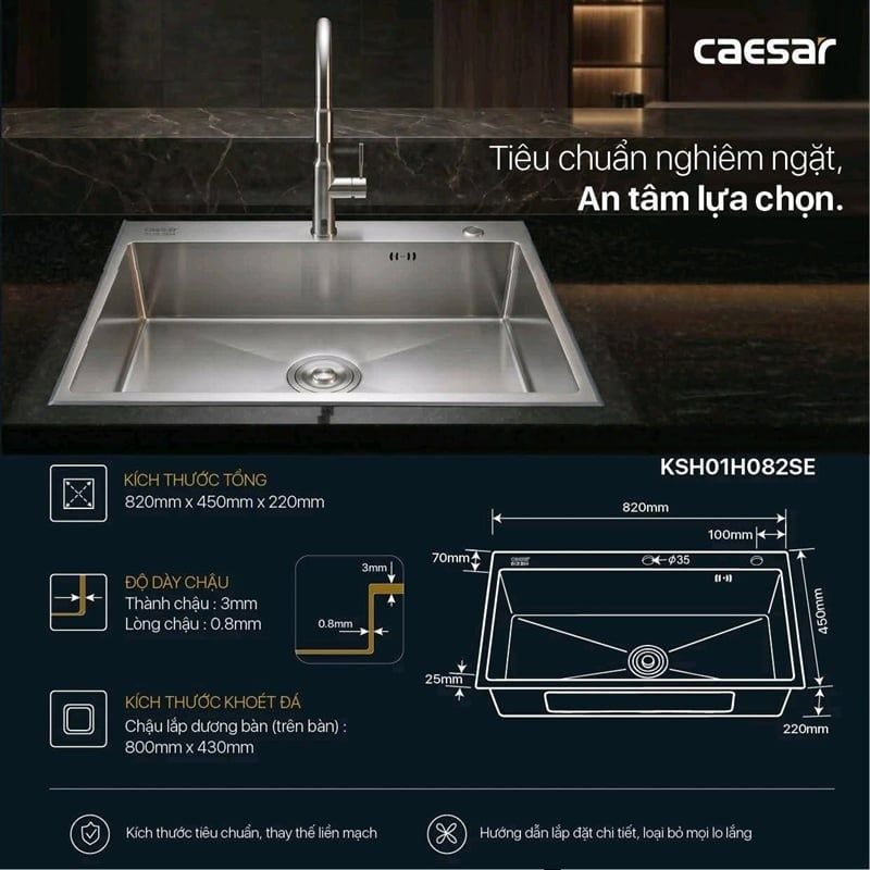  Chậu rửa chén inox 1 hộc mài vát cạnh KSH01H082SE KT: 820 × 450 × 220 mm ( giá đã giảm) 