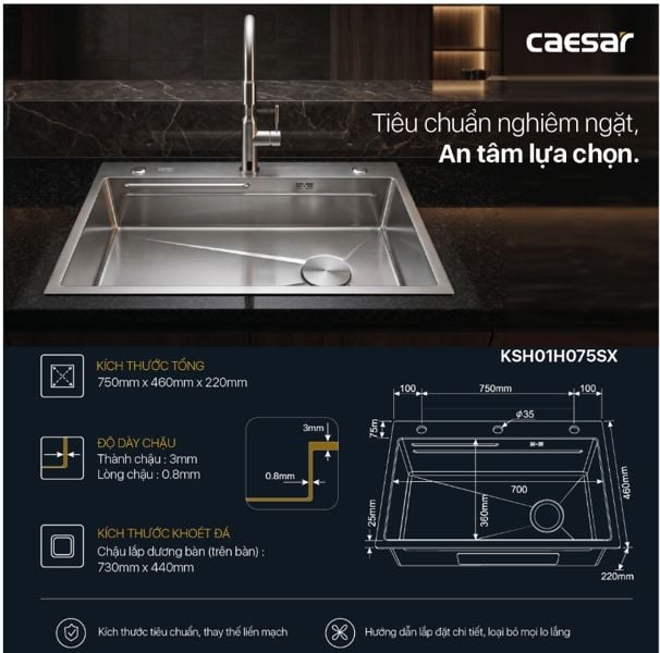  Chậu rửa chén inox 1 hộc KSH01H075SX KT: 750 × 460 × 220 mm( giá đã giảm) 