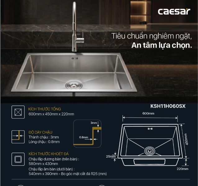  Chậu rửa chén inox 1 hộc âm viền KSH11H060SX KT: 600 × 450 × 220 mm (giá đã giảm) 
