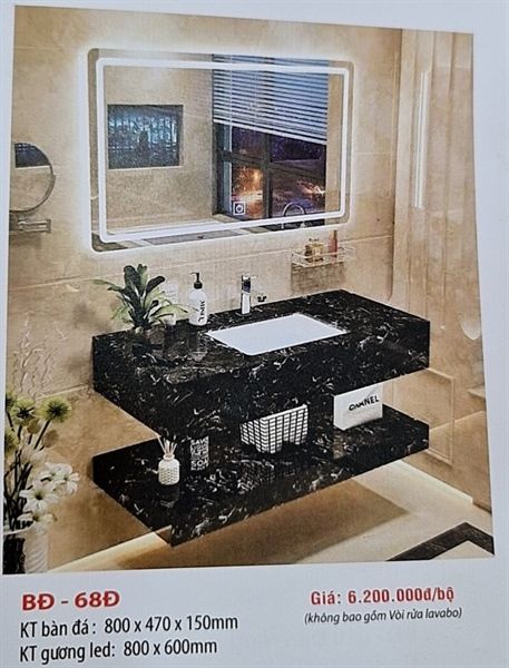  bàn đá 2 tầng vân đen 800x470x150mm,gương 800x600, bộ xả nhấn 