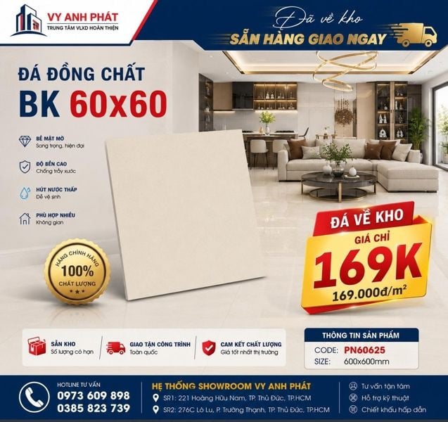  đá đồng chất bóng kiếng 60*60 loại A pn60625 th5v/1.8m 
