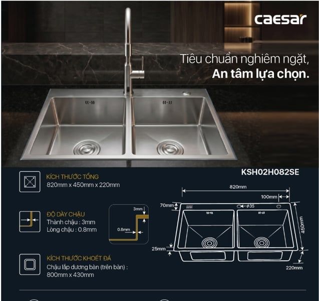  Chậu rửa chén inox 2 hộc mài vát cạnh KSH02H082SE KT: 820 × 450 × 220 mm ( giá đã giảm) 