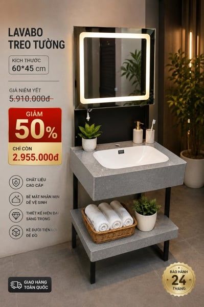  tủ bàn đá lavabo 2 tầng 45*60cm màu xám bóng cong,gương led (đã giảm từ giá 5910k) 