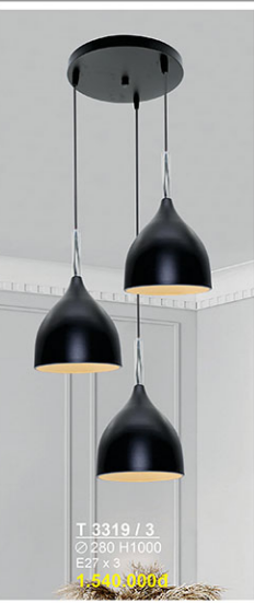 Đèn Thả Bàn Ăn 3 chụp màu đen T 3319/3 Ø280xH900 · 