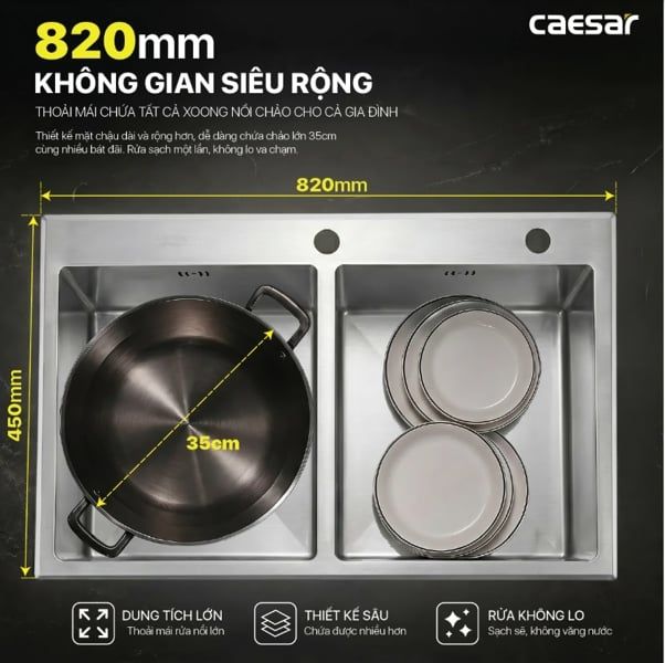  Chậu rửa chén inox 2 hộc mài vát cạnh KSH02H082SE KT: 820 × 450 × 220 mm ( giá đã giảm) 