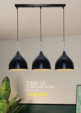  Đèn Thả Bàn Ăn 3 chụp đen dài 55cm T 3321/3 