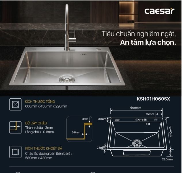  Chậu rửa chén inox 1 hộc KSH01H060SX KT: 600 × 450 × 220 mm (giá đã giảm) 