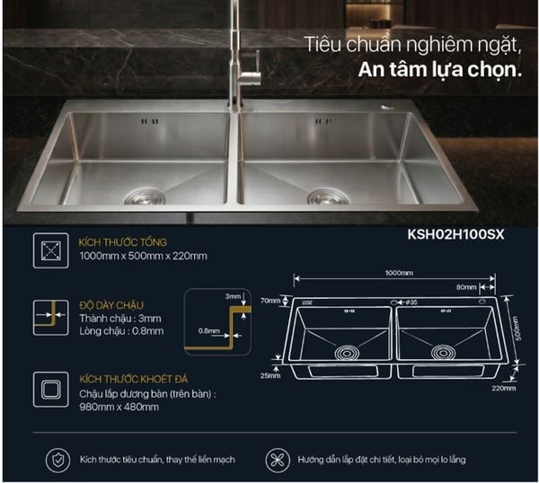  Chậu rửa chén inox 2 hộc KSH02H100SX KT: 1000×500×220mm 
