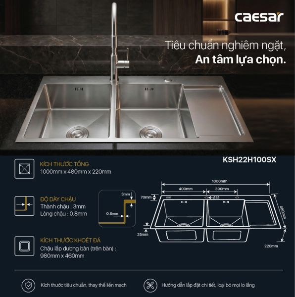  Chậu rửa chén inox 2 hộc 1 cánh KSH22H100SX KT: KT: 1000×480×220mm (giá đã giảm) 