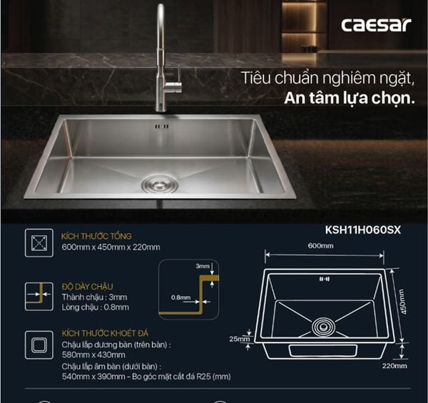  Chậu rửa chén inox 1 hộc âm viền KSH11H060SX KT: 600 × 450 × 220 mm (giá đã giảm) 