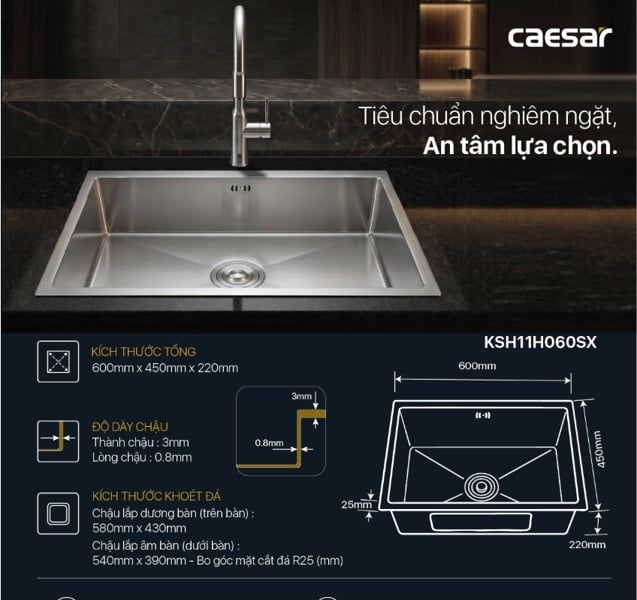  Chậu rửa chén inox 1 hộc âm viền KSH11H060SX KT: 600 × 450 × 220 mm (giá đã giảm) 