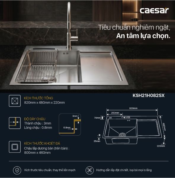  Chậu rửa chén inox 1 hộc 1 cánh KSH21H082SX KT 820 × 480 × 220 mm ( giá đã giảm) 