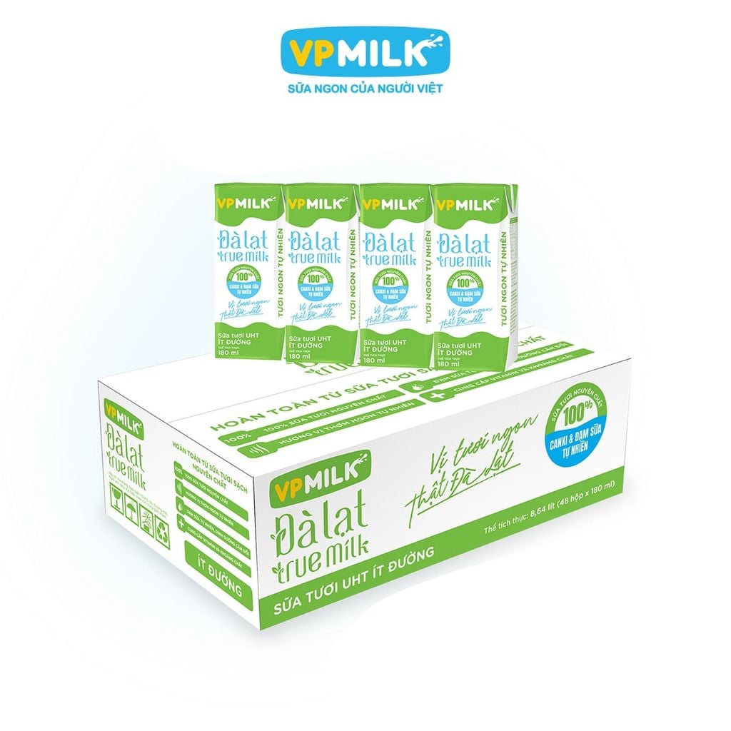 [Date 07/26] Sữa Tươi Nguyên Chất UHT Đà Lạt True Milk ÍT ĐƯỜNG 110ml/180ml - Mua 1 thùng tặng 3 lốc
