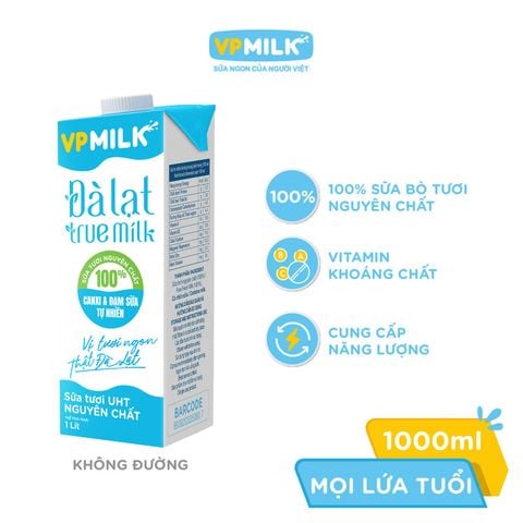 Sữa Tươi UHT Nguyên Chất VPMILK Đà Lạt True Milk 1 LÍT