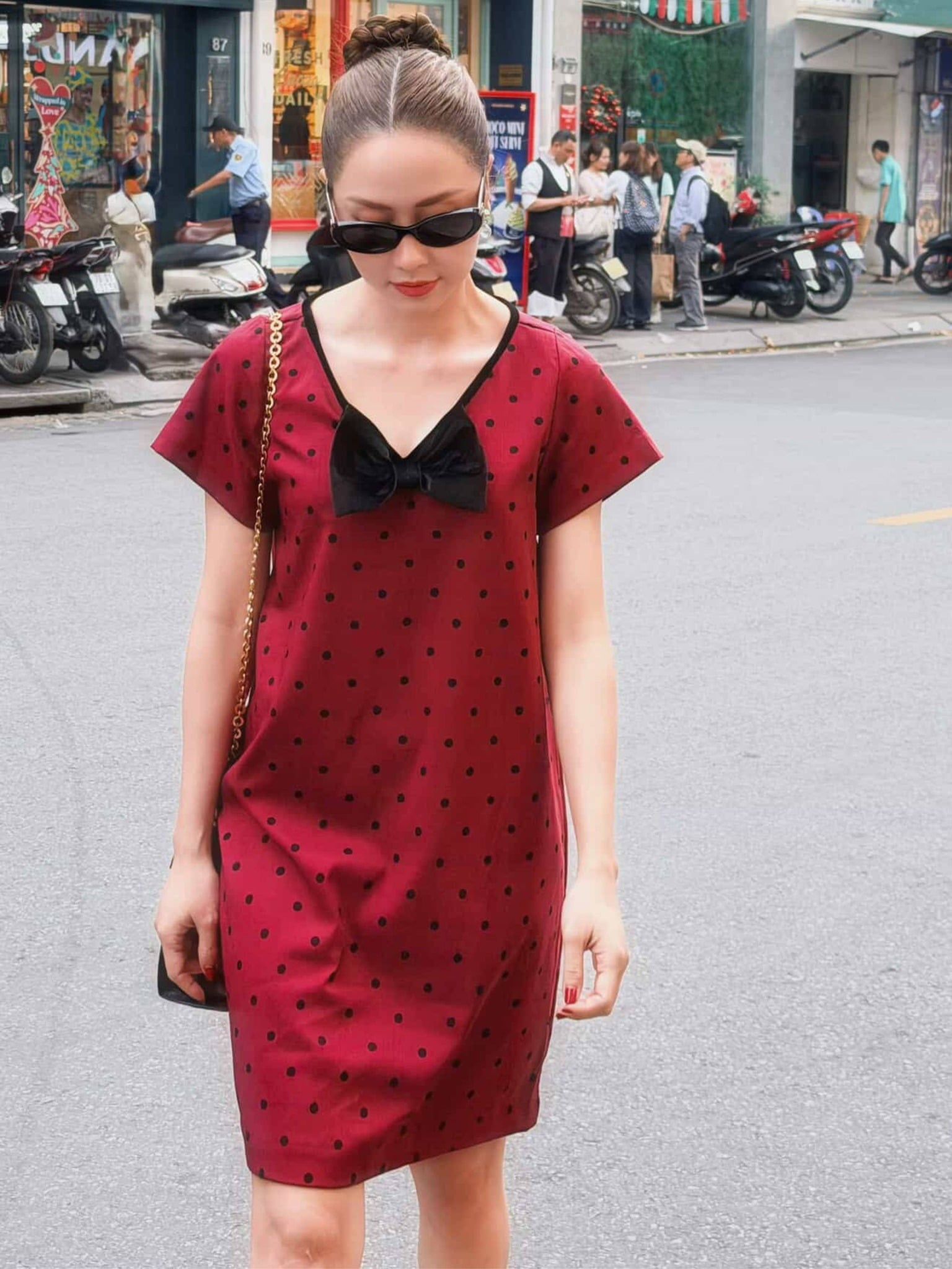  Đầm chấm bi phối nơ cổ tim | Mauve Bowie dress 