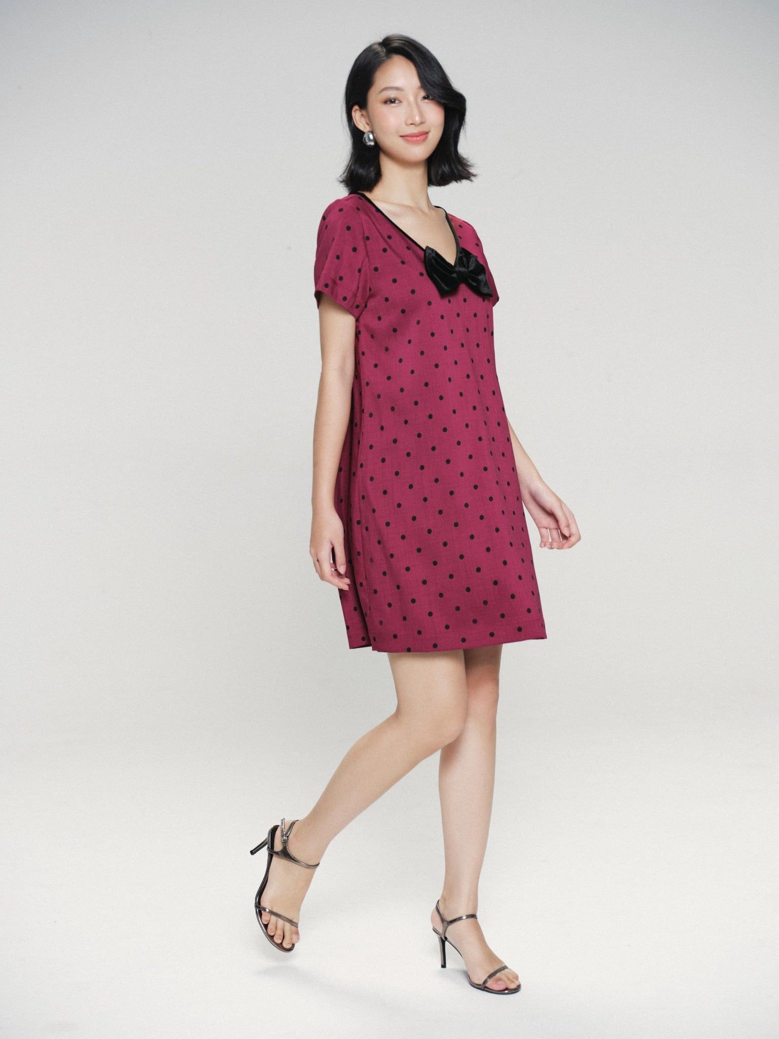  Đầm chấm bi phối nơ cổ tim | Mauve Bowie dress 