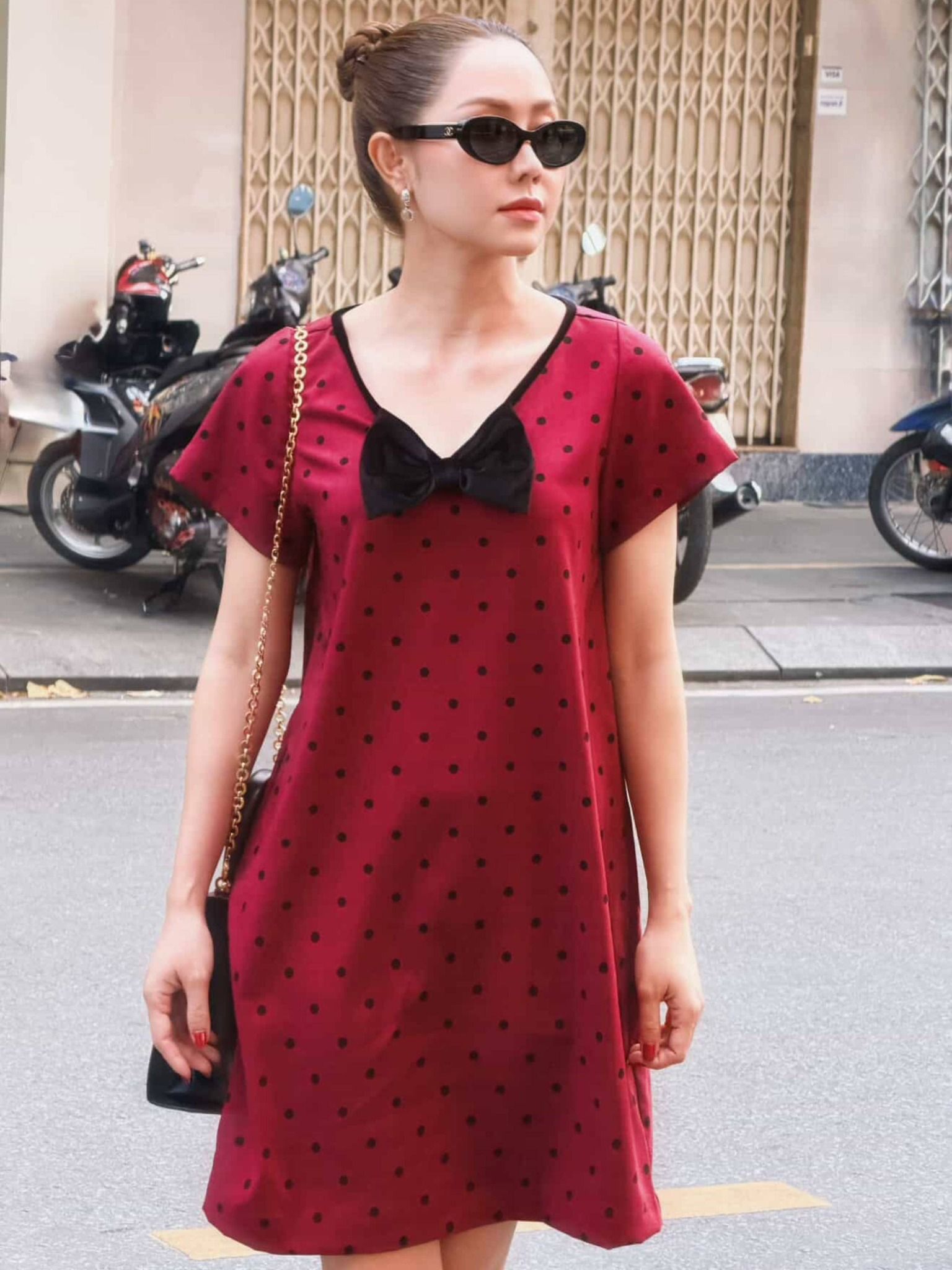  Đầm chấm bi phối nơ cổ tim | Mauve Bowie dress 