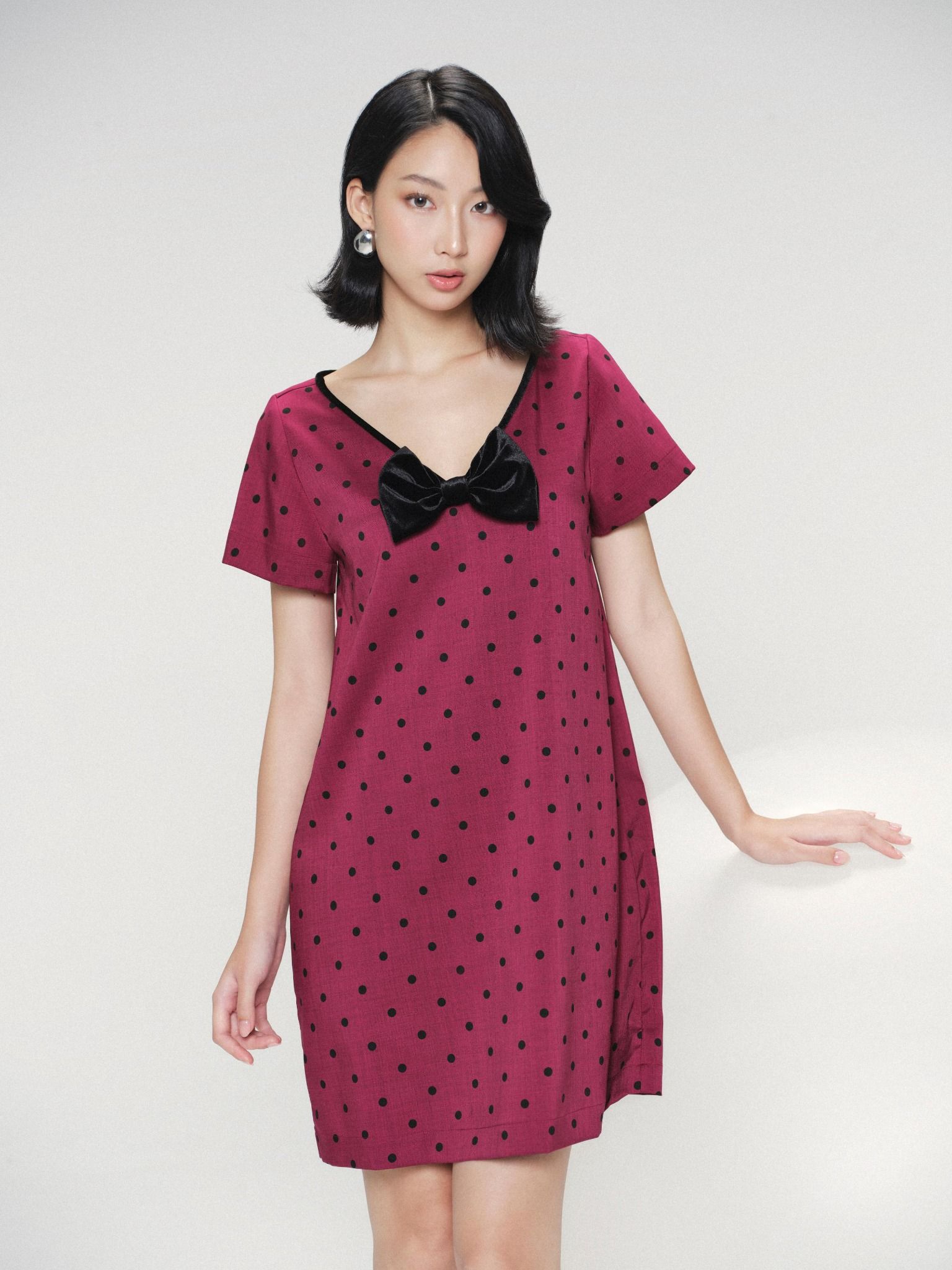  Đầm chấm bi phối nơ cổ tim | Mauve Bowie dress 