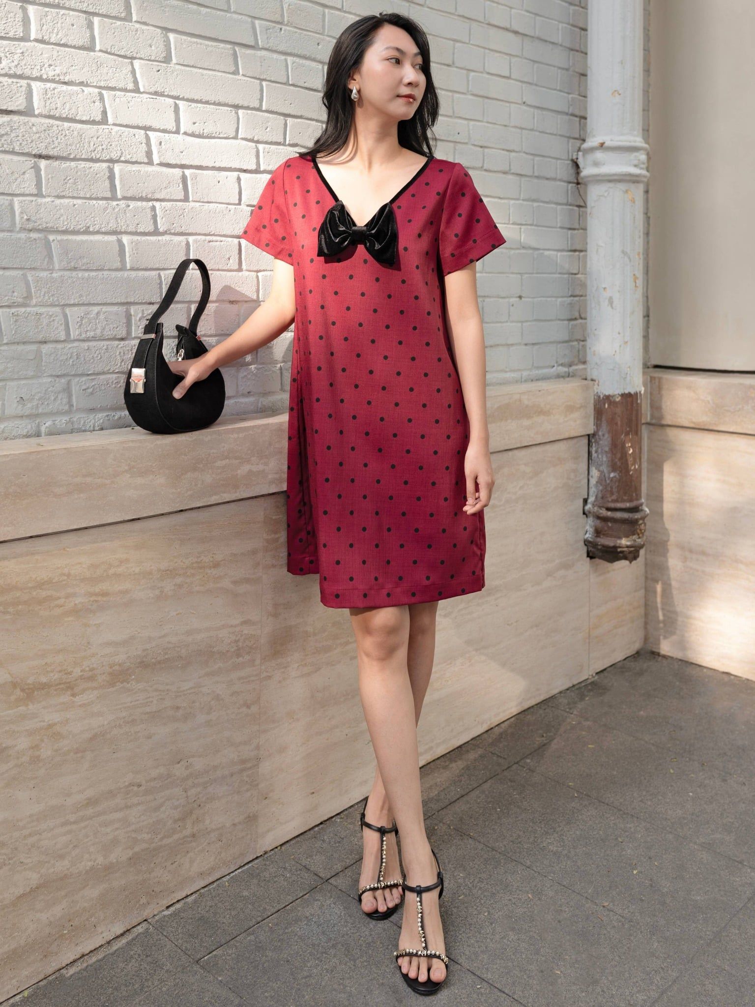  Đầm chấm bi phối nơ cổ tim | Mauve Bowie dress 