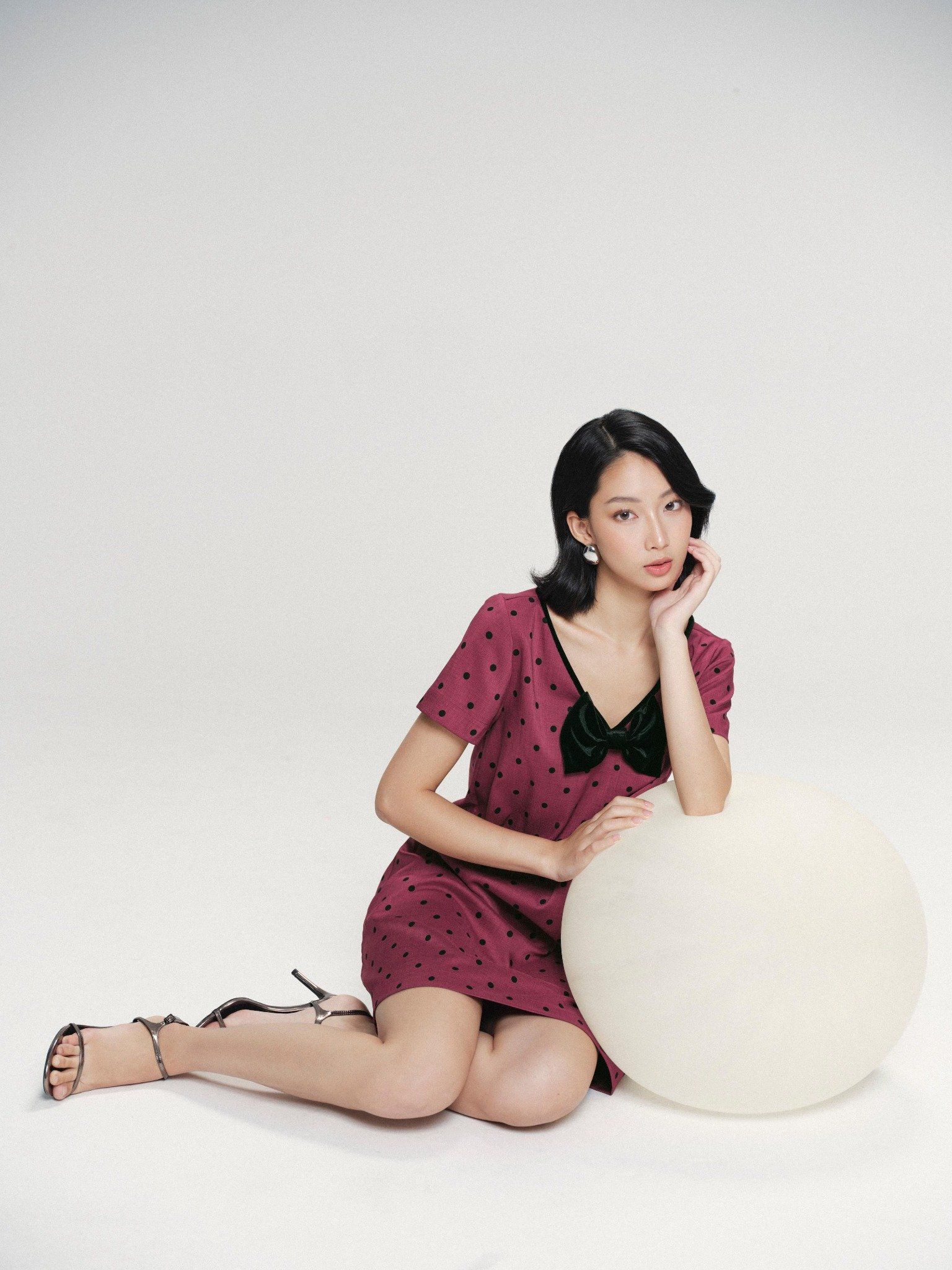  Đầm chấm bi phối nơ cổ tim | Mauve Bowie dress 