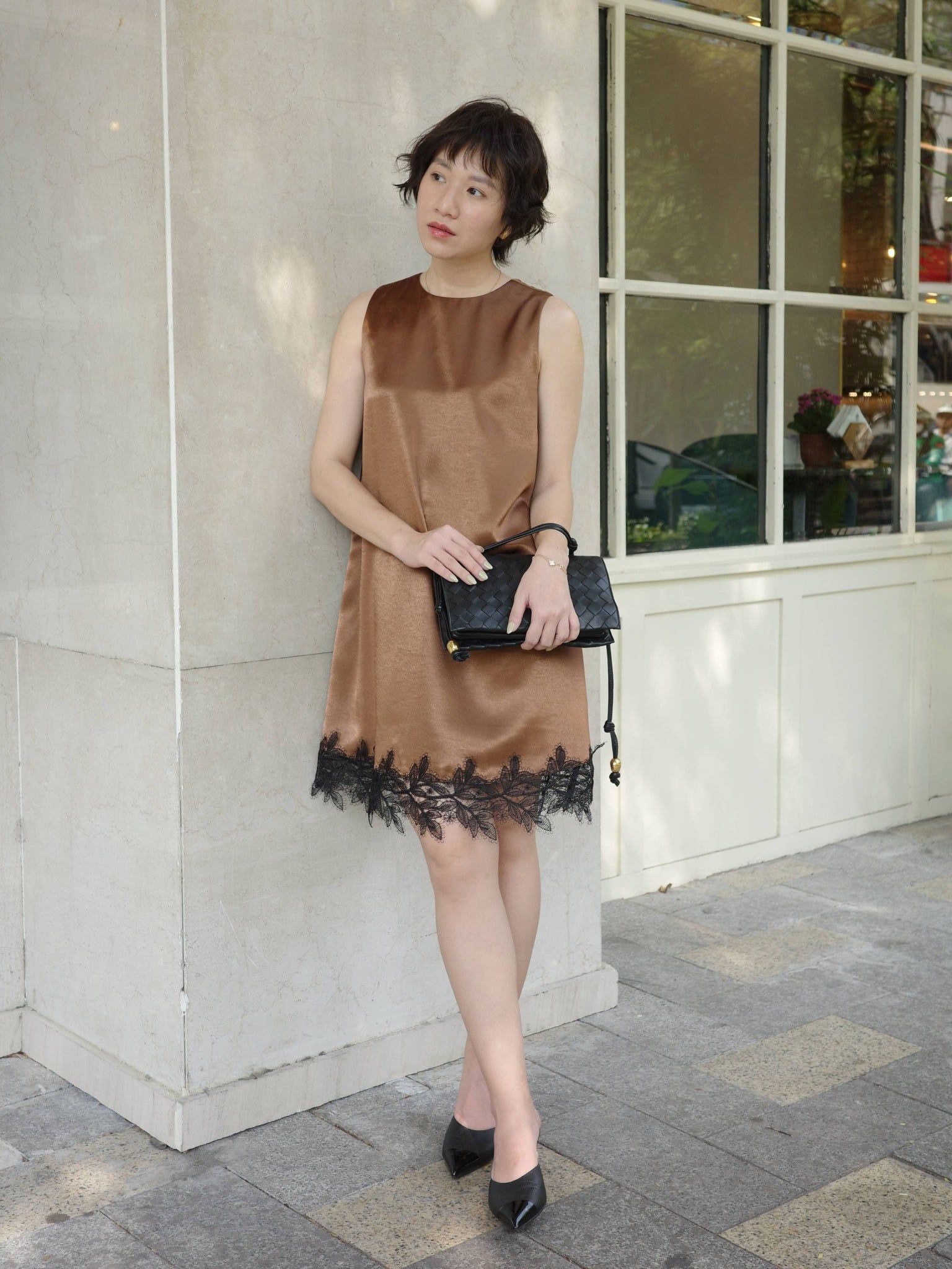  Đầm lụa phối ren | Mauve Satin Lace dress 