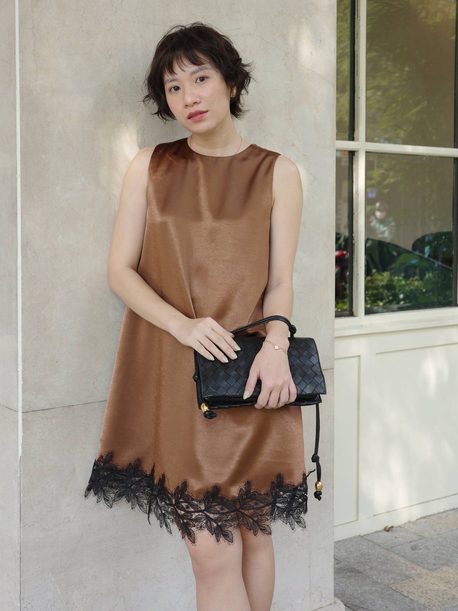  Đầm lụa phối ren | Mauve Satin Lace dress 